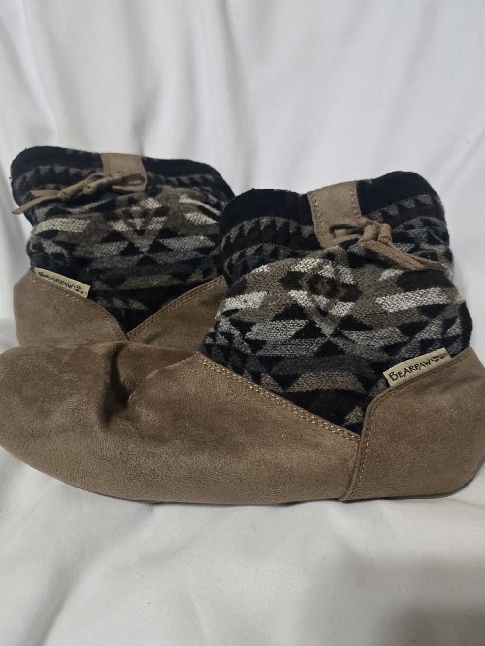 BearPaw Tan Suede Slip-On Booties with Black & Gray Geometric Knit Cuff